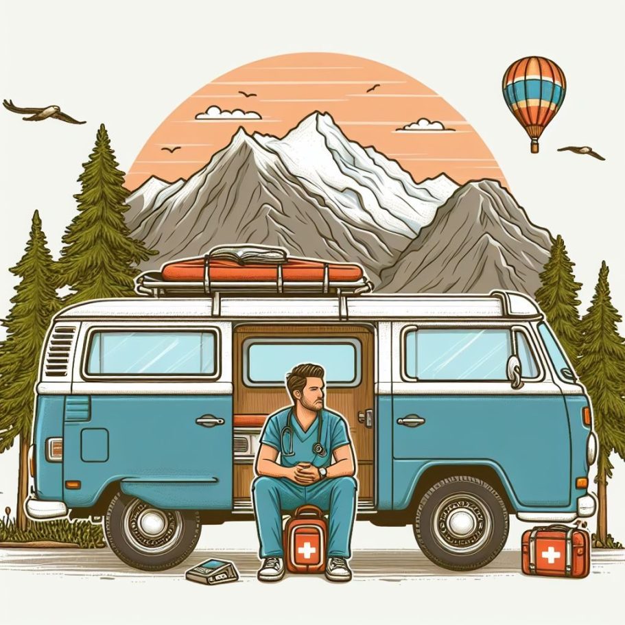 Hombre sentado junto a una furgoneta camper en un paisaje montañoso con un globo aerostático.