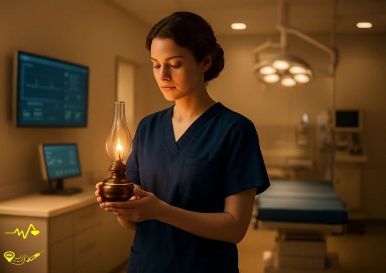 Dia de la enfermería Mujer con uniforme sanitario sosteniendo una lámpara de aceite en un entorno clínico.