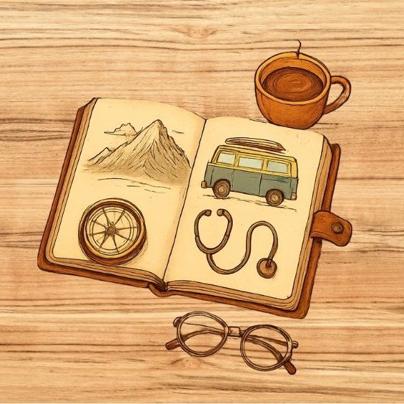 Hombre sentado junto a una furgoneta camper en un paisaje montañoso con un globo aerostático.